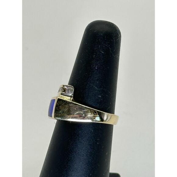 Vintage 14k Yellow Gold Australian Opal Diamond Ring Size 6 Signed T.D. - Picture 4 of 13